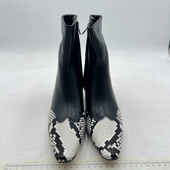 Black Cap Toe Ankle Booties Square Toe Low Heel Short Boot Snakeskin Zipper Shoe - Picture 2 of 7